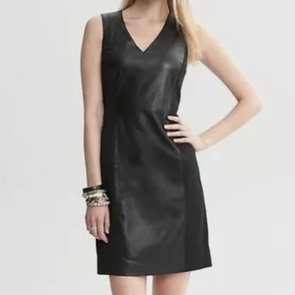 Banana Republic Womens Leather Cotton Stretch V Neck Sheath Dress Size 2P NWT